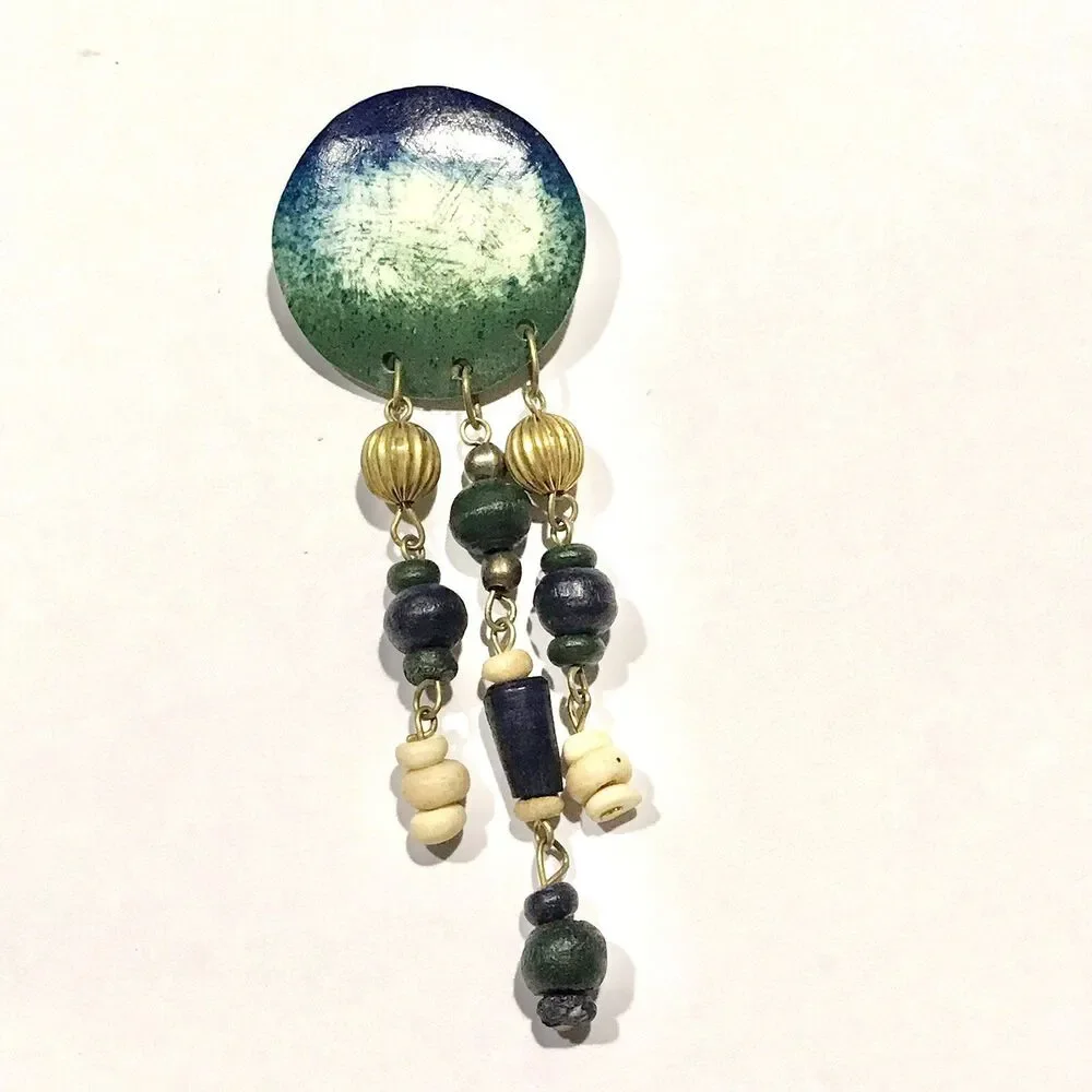 Vintage Boho Wood Beaded Resin Brooch Pin Gold Tone Blue Green Beige Artist Made